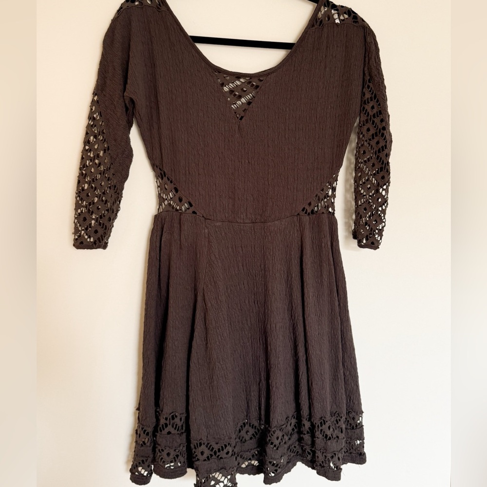 Free People To The Point Charcoal Dress Crochet Eyelet Inset small